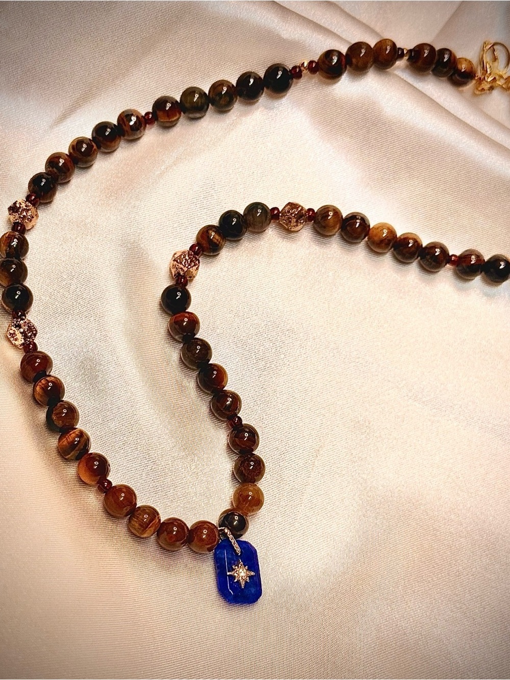 Brown Beaded Necklace with Blue Pendant - Women Jewelry